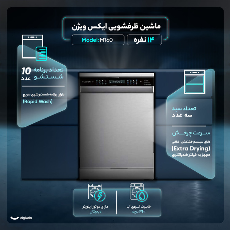 ماشین ظرفشویی 14 نفره ایکس ویژن مدل M160 X اینوکس
