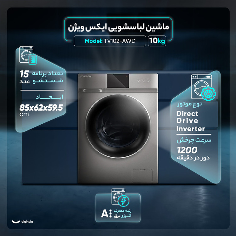 ماشین لباسشویی 10 کیلوگرم اتوماتیک ایکس ویژن مدل TG102-AGD سیلور