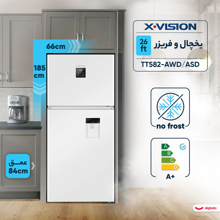 یخچال فریزر 26 فوت ایکس ویژن مدل TT582-AWD سفید ، دارای آبسردکن و یخساز نیمه اتوماتیک، با ارتفاع 185، پهنای 66 و عمق 84 سانتی متر، میزان مصرف انرژی A+، دارای 4 طبقه در یخچال و 2 طبقه در فریزر