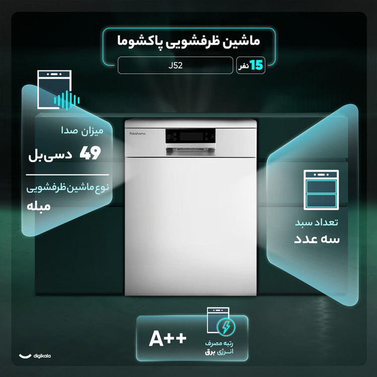 ماشین ظرفشویی 15 نفره پاکشوما مدل J52 سفید