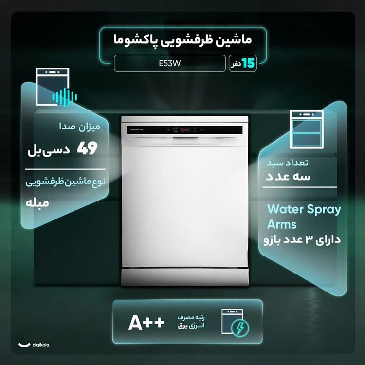 ماشین ظرفشویی 15 نفره پاکشوما مدل E۵۳W سفید