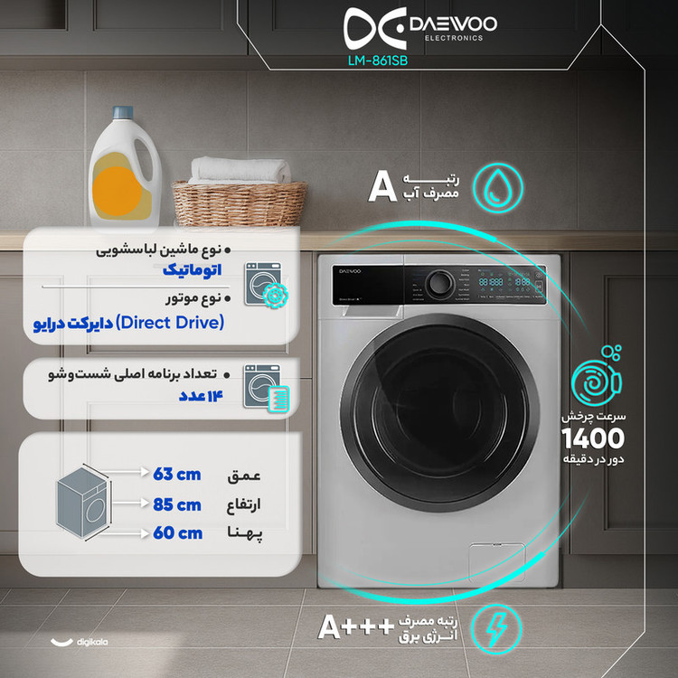 ماشین لباسشویی 8 کیلوگرم اتوماتیک دوو مدل LM-861SB نقره ای